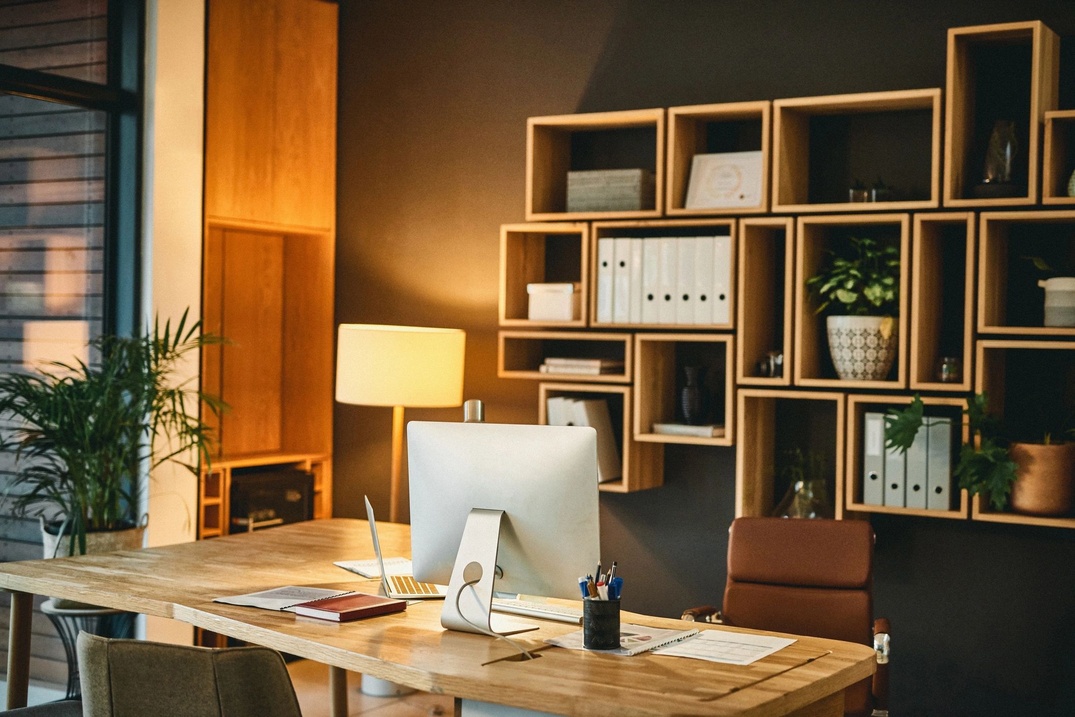 Modern office desk and seating area